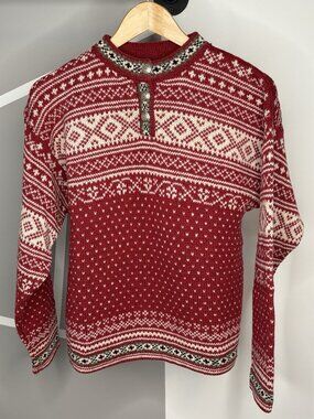 Vintage LL Bean Nordic Fair Isle Wool Henley Sweater Women’s M Reg Red